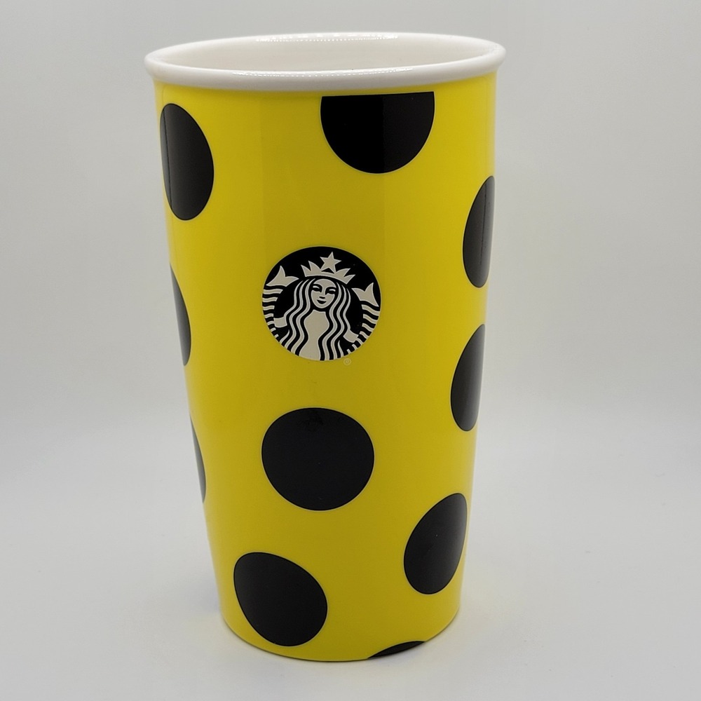 Starbucks 2015 Yellow Polka Dot Ceramic Travel‎ Tumbler Coffee Mug Retro